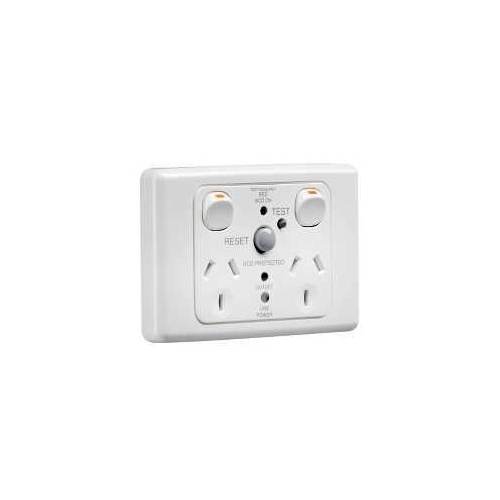 RCD Protected Twin Switch Socket Outlet, 250V, 10A, 2 Pole, 30mA RCD, 2025RCD30-WE, White Electric