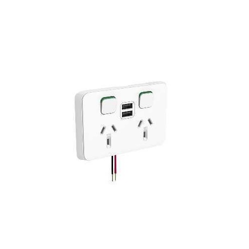 Clipsal Iconic - Twin Socket Outlet, Horizontal Mount, 250V, 10A with twin USB Charger, 3025USB2-VW, Vivid White
